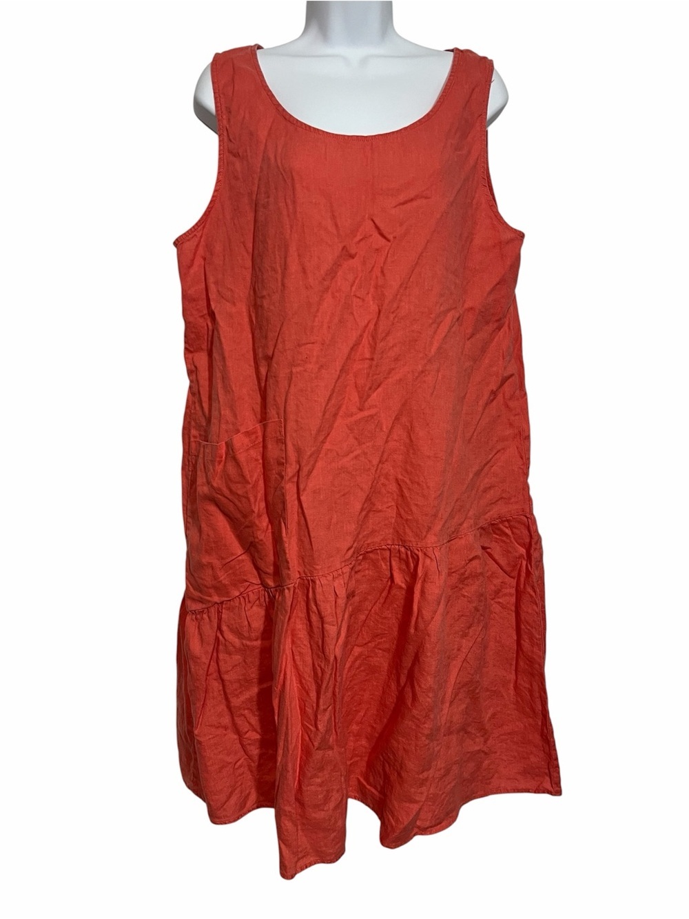 100% Linen Coral Sleeveless Sundress Tiered Wide Pocket Size XL Summer Resort